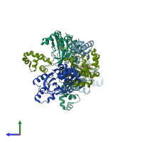 PDB entry 3qp5 coloured by chain, side view.