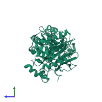 Monomeric assembly 4 of PDB entry 3qp9 coloured by chemically distinct molecules, side view.