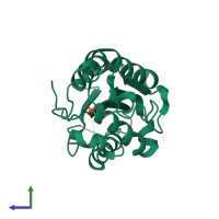 PDB entry 3qpa coloured by chain, side view.
