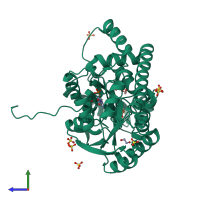 PDB entry 3qpg coloured by chain, side view.