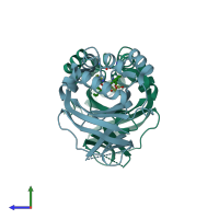 PDB entry 3qpi coloured by chain, side view.