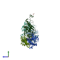 PDB entry 3qpm coloured by chain, side view.