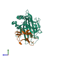 PDB entry 3qq4 coloured by chain, side view.