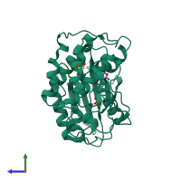 PDB entry 3qqg coloured by chain, side view.