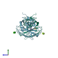 PDB entry 3qqi coloured by chain, side view.