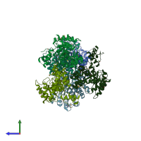 PDB entry 3qqw coloured by chain, side view.