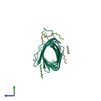 PDB entry 3qra coloured by chain, side view.