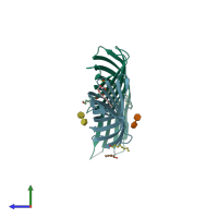 PDB entry 3qrc coloured by chain, side view.
