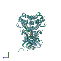 PDB entry 3qri coloured by chain, side view.