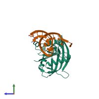 PDB entry 3qrr coloured by chain, side view.