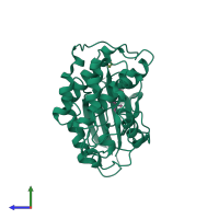 PDB entry 3qru coloured by chain, side view.