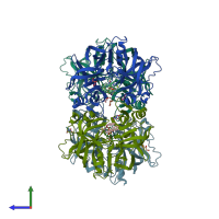 PDB entry 3qs1 coloured by chain, side view.
