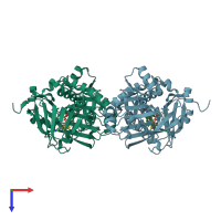 PDB entry 3qsm coloured by chain, top view.