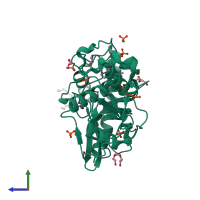 PDB entry 3qt4 coloured by chain, side view.