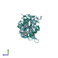 PDB entry 3qtb coloured by chain, side view.
