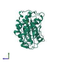 PDB entry 3qtq coloured by chain, side view.