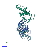 PDB entry 3qu3 coloured by chain, side view.