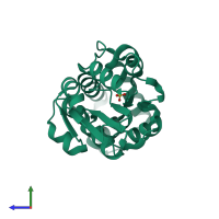 PDB entry 3qub coloured by chain, side view.