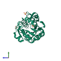 PDB entry 3quc coloured by chain, side view.