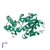 PDB entry 3quc coloured by chain, top view.