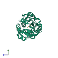 PDB entry 3qut coloured by chain, side view.