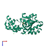 PDB entry 3qut coloured by chain, top view.