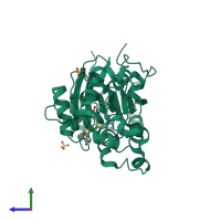 PDB entry 3qv2 coloured by chain, side view.