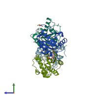 PDB entry 3qv4 coloured by chain, side view.
