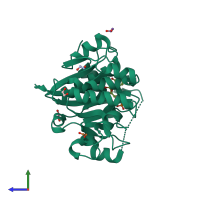 PDB entry 3qvb coloured by chain, side view.