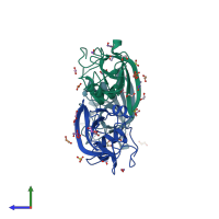 PDB entry 3qve coloured by chain, side view.