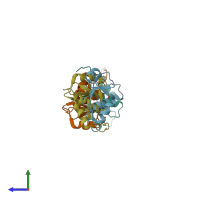 PDB entry 3qvg coloured by chain, side view.