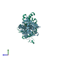 PDB entry 3qvl coloured by chain, side view.