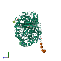 PDB entry 3qvr coloured by chain, side view.