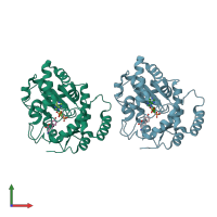 PDB entry 3qvv coloured by chain, front view.