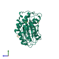 Monomeric assembly 1 of PDB entry 3qwk coloured by chemically distinct molecules, side view.