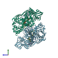 PDB entry 3qx3 coloured by chain, side view.