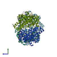 PDB entry 3qxb coloured by chain, side view.
