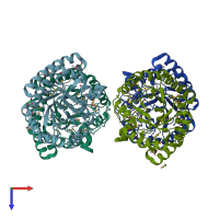 PDB entry 3qxb coloured by chain, top view.