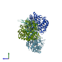 PDB entry 3qxf coloured by chain, side view.