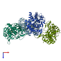 PDB entry 3qxf coloured by chain, top view.