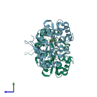 PDB entry 3qxm coloured by chain, side view.