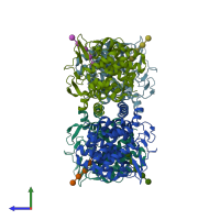 PDB entry 3qxq coloured by chain, side view.