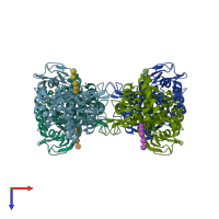 PDB entry 3qxq coloured by chain, top view.