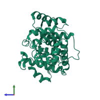 PDB entry 3qyb coloured by chain, side view.