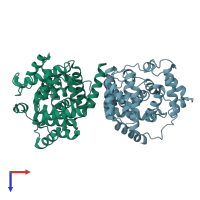 PDB entry 3qye coloured by chain, top view.