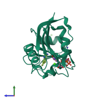 PDB entry 3qyl coloured by chain, side view.