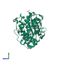 PDB entry 3qyw coloured by chain, side view.