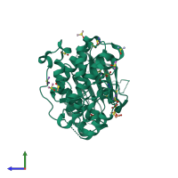 PDB entry 3qyz coloured by chain, side view.