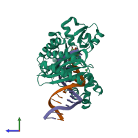 PDB entry 3qz7 coloured by chain, side view.