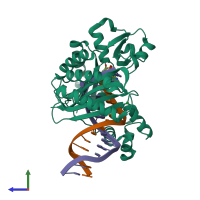 PDB entry 3qz8 coloured by chain, side view.